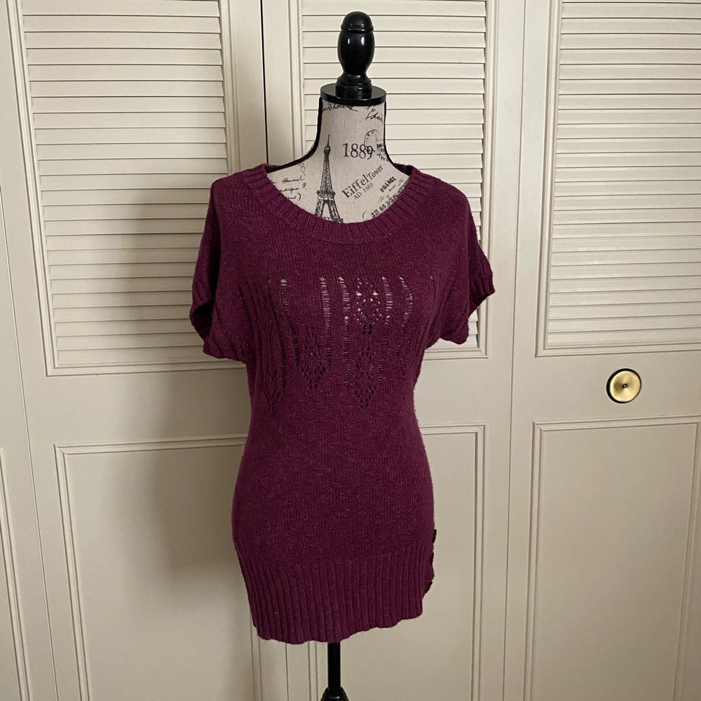 Maurices knit tunic top blouse raspberry plum purple long short sleeve sweater